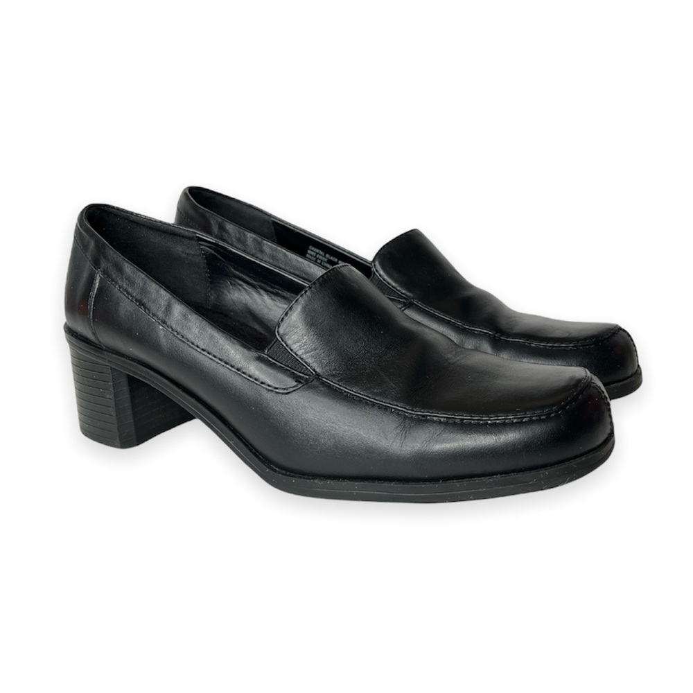 Croft & Barrow Chantal Black Leather Upper Slipon Loafer 2” Block Heel Shoes 8 W